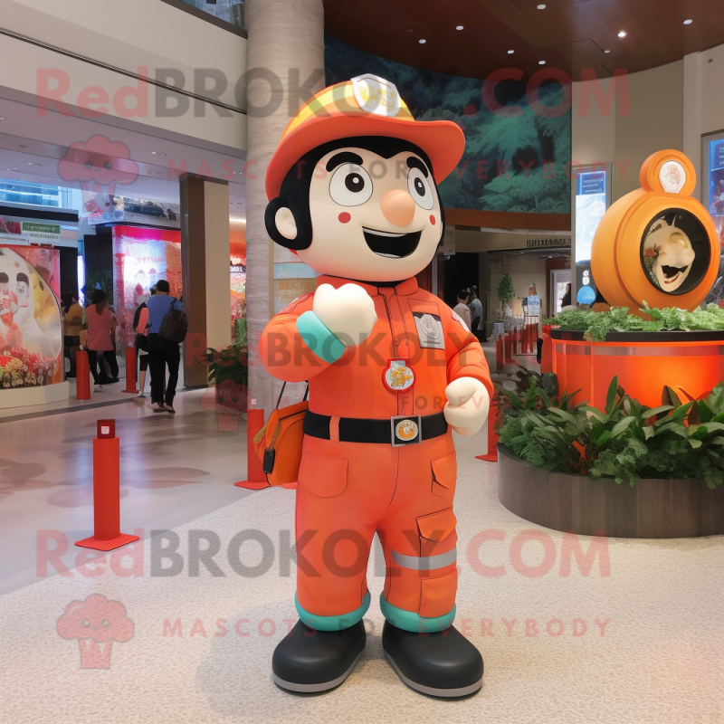 Peach Fire Fighter mascot costume character dressed with a Jumpsuit and Bracelets Peach Fire Fighter mascot costume character dressed with a Jumpsuit and Bracelets