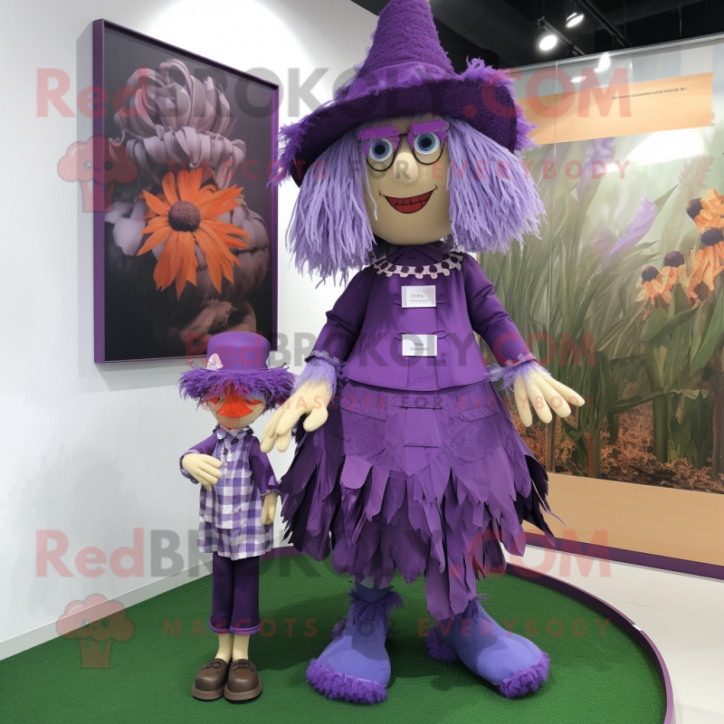 Purple Scarecrow mascot costume character dressed with a Mini Skirt and Shoe clips Purple Scarecrow mascot costume character dressed with a Mini Skirt and Shoe clips