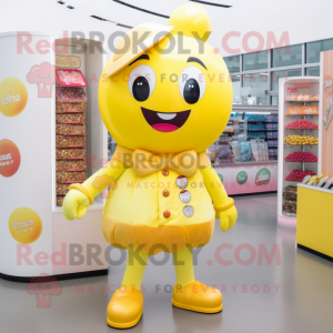 Yellow Candy mascot costume character dressed with a Dress Pants and Headbands