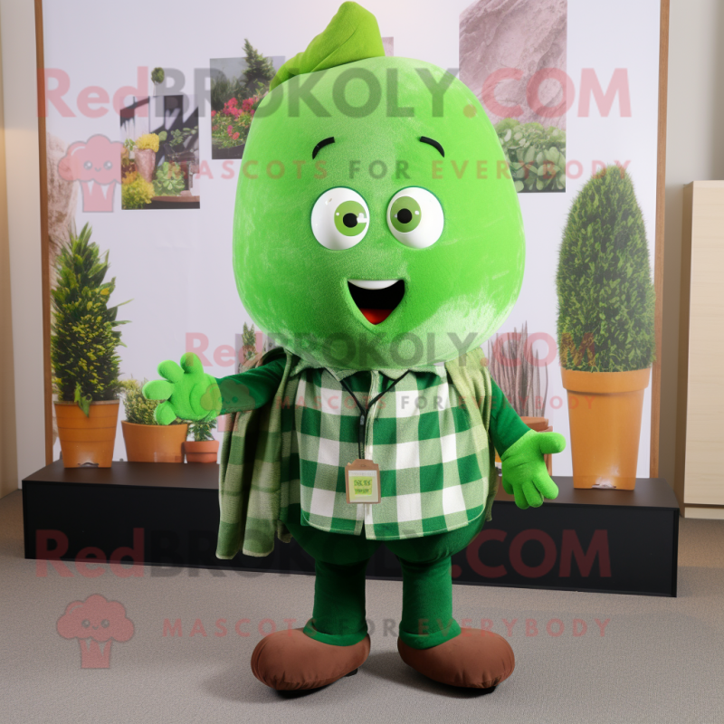 Green Beet mascot costume character dressed with a Flannel Shirt and Brooches