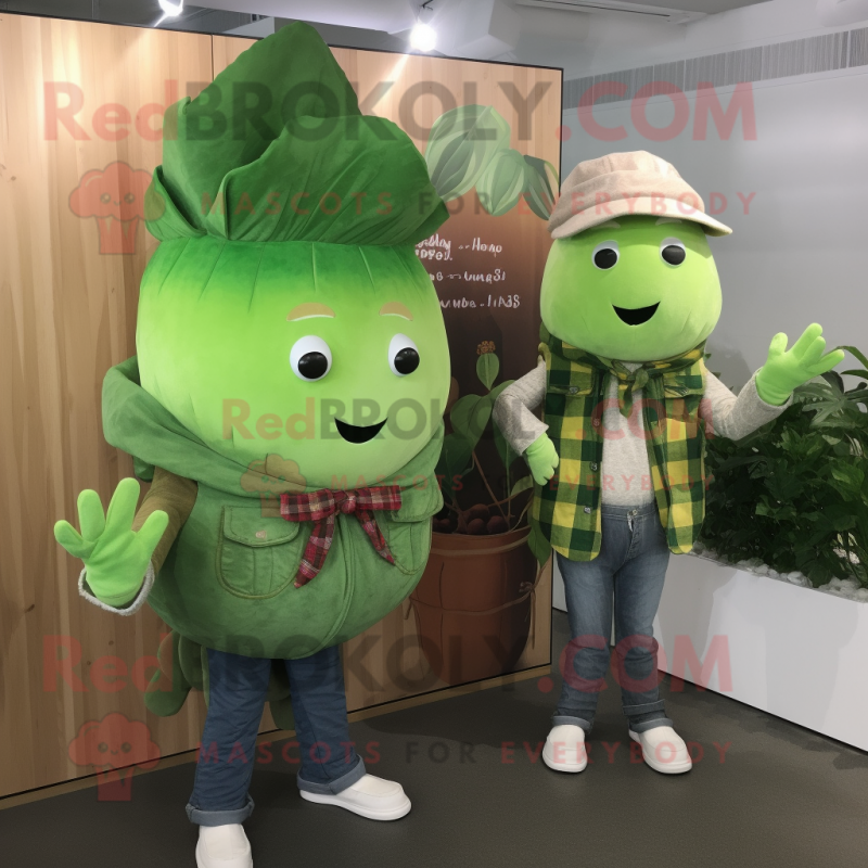 Green Beet mascot costume character dressed with a Flannel Shirt and Brooches