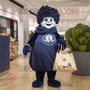 Navy Cauliflower mascot costume character dressed with a Turtleneck and Tote bags