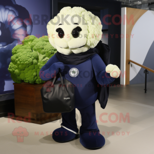 Navy Cauliflower mascot costume character dressed with a Turtleneck and Tote bags