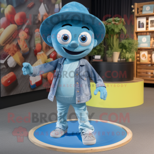 Cyan Plate Spinner mascot costume character dressed with a Denim Shirt and Anklets