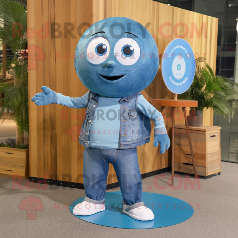 Cyan Plate Spinner mascot costume character dressed with a Denim Shirt and Anklets Cyan Plate Spinner mascot costume character dressed with a Denim Shirt and Anklets