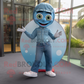 Cyan Plate Spinner mascot costume character dressed with a Denim Shirt and Anklets