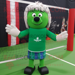 Forest Green Volleyball Net mascot costume character dressed with a Flannel Shirt and Shawls
