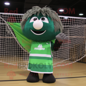 Forest Green Volleyball Net mascot costume character dressed with a Flannel Shirt and Shawls