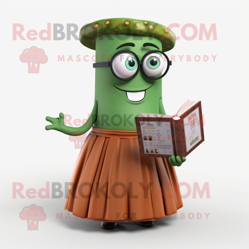 Rust Cucumber mascot costume character dressed with a Circle Skirt and Reading glasses Rust Cucumber mascot costume character dressed with a Circle Skirt and Reading glasses