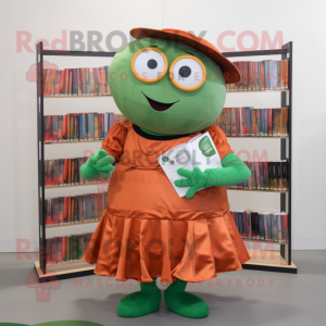 Rust Cucumber mascot costume character dressed with a Circle Skirt and Reading glasses