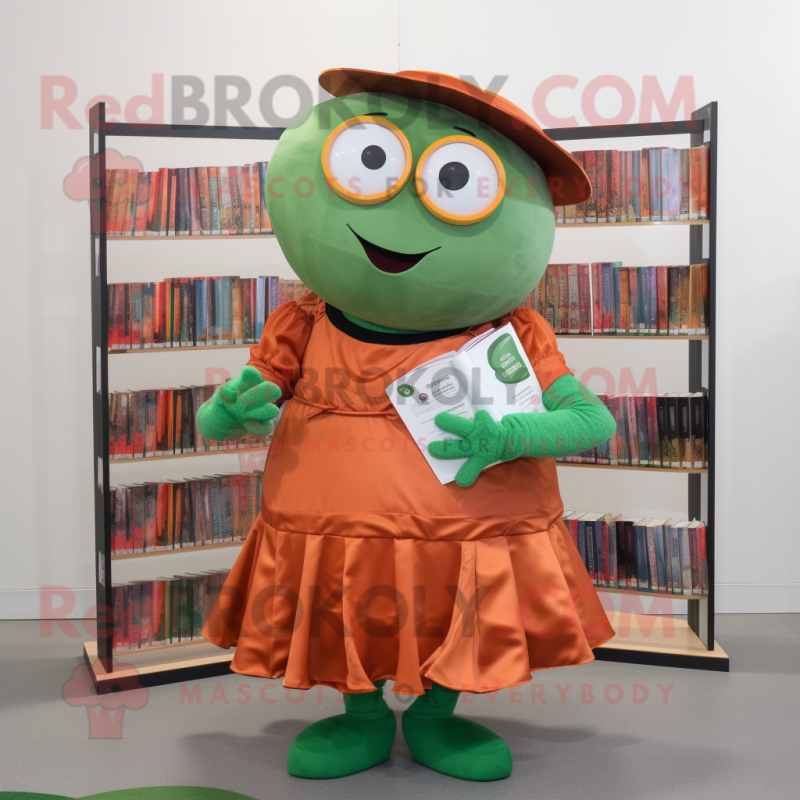 Rust Cucumber mascot costume character dressed with a Circle Skirt and Reading glasses Rust Cucumber mascot costume character dressed with a Circle Skirt and Reading glasses