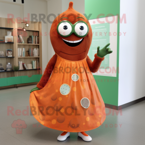 Rust Cucumber mascot costume character dressed with a Circle Skirt and Reading glasses