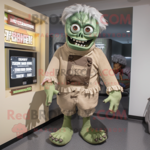 Tan Frankenstein'S Monster mascot costume character dressed with a Cardigan and Clutch bags