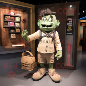 Tan Frankenstein'S Monster mascot costume character dressed with a Cardigan and Clutch bags