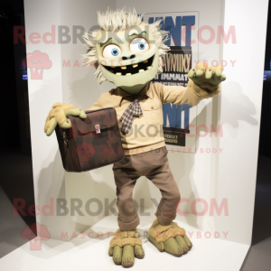 Tan Frankenstein'S Monster mascot costume character dressed with a Cardigan and Clutch bags