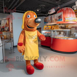 Rust Hot Dog mascot costume character dressed with a Playsuit and Brooches