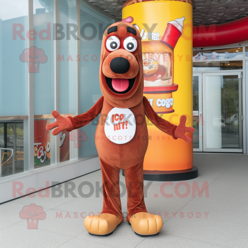 Rust Hot Dog mascot costume character dressed with a Playsuit and Brooches Rust Hot Dog mascot costume character dressed with a Playsuit and Brooches