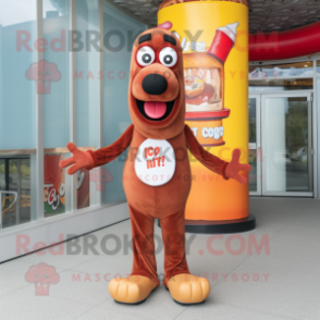 Rust Hot Dog mascot costume character dressed with a Playsuit and Brooches