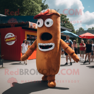 Rust Hot Dog mascot costume character dressed with a Playsuit and Brooches