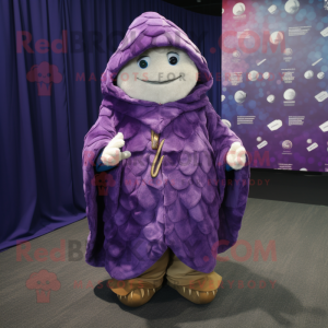 Purple Oyster mascot costume character dressed with a Jacket and Shawl pins
