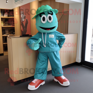 Teal Pesto Pasta mascot costume character dressed with a Chinos and Shoe clips