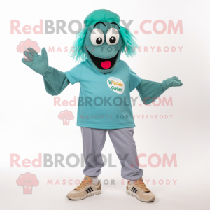 Teal Pesto Pasta mascot costume character dressed with a Chinos and Shoe clips