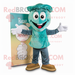 Teal Pesto Pasta mascot costume character dressed with a Chinos and Shoe clips