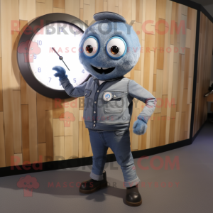 Gray Plate Spinner mascot costume character dressed with a Denim Shirt and Smartwatches