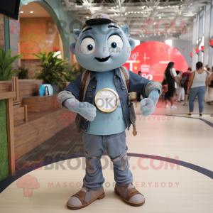 Gray Plate Spinner mascot costume character dressed with a Denim Shirt and Smartwatches