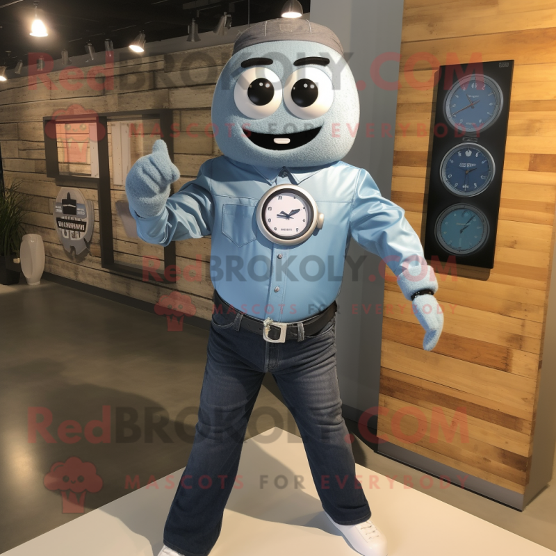 Gray Plate Spinner mascot costume character dressed with a Denim Shirt and Smartwatches