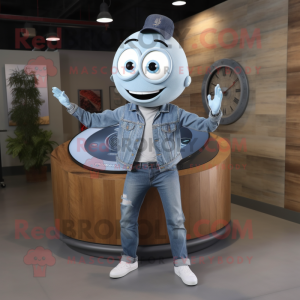 Gray Plate Spinner mascot costume character dressed with a Denim Shirt and Smartwatches