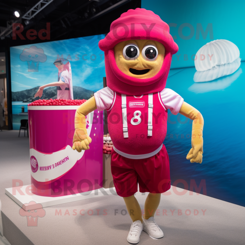 Magenta Caesar Salad mascot costume character dressed with a One-Piece Swimsuit and Beanies