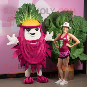 Magenta Caesar Salad mascot costume character dressed with a One-Piece Swimsuit and Beanies