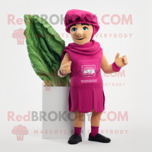 Magenta Caesar Salad mascot costume character dressed with a One-Piece Swimsuit and Beanies