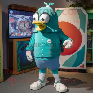 Teal Shakshuka mascot costume character dressed with a Bermuda Shorts and Watches