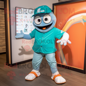 Teal Shakshuka mascot costume character dressed with a Bermuda Shorts and Watches
