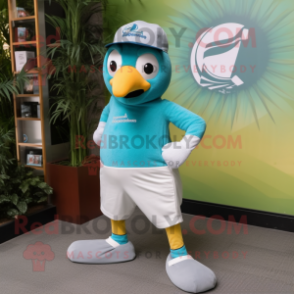 Teal Shakshuka mascot costume character dressed with a Bermuda Shorts and Watches