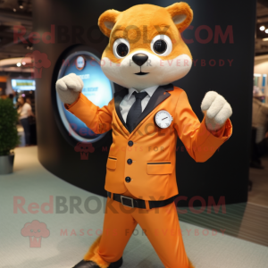Peach Mongoose mascot costume character dressed with a Suit Jacket and Smartwatches