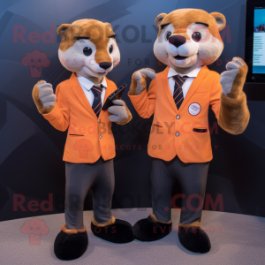 Peach Mongoose mascot costume character dressed with a Suit Jacket and Smartwatches