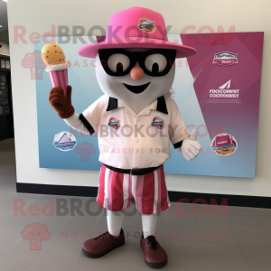 Pink Ice Cream mascot costume character dressed with a Board Shorts and Hat pins