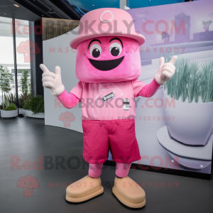 Pink Ice Cream mascot costume character dressed with a Board Shorts and Hat pins