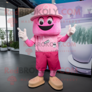 Pink Ice Cream mascot costume character dressed with a Board Shorts and Hat pins