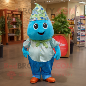 Turquoise Pear mascot costume character dressed with a Chambray Shirt and Headbands