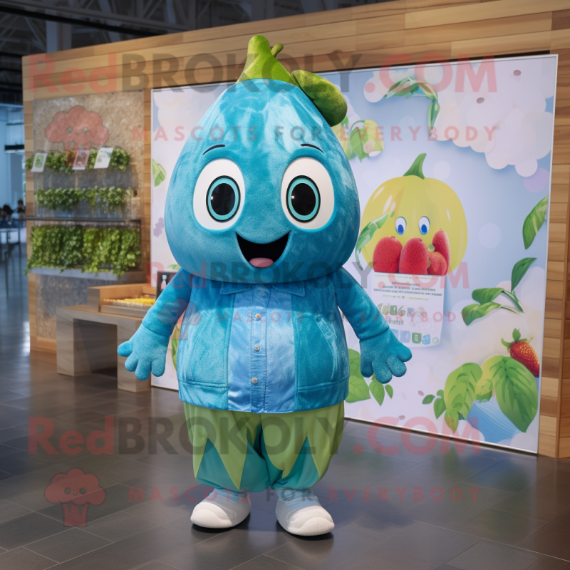 Turquoise Pear mascot costume character dressed with a Chambray Shirt and Headbands