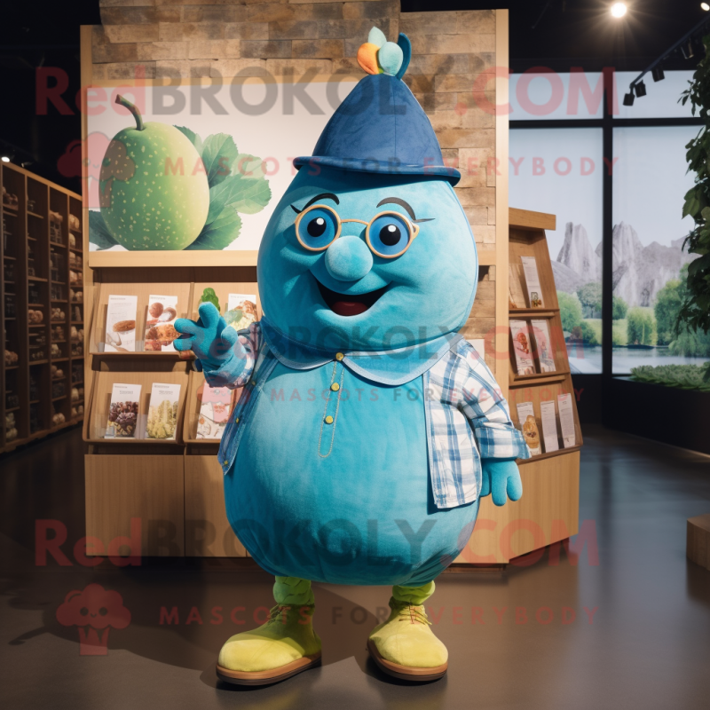 Turquoise Pear mascot costume character dressed with a Chambray Shirt and Headbands