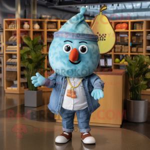 Turquoise Pear mascot costume character dressed with a Chambray Shirt and Headbands