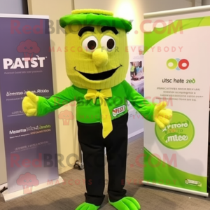 Lime Green Pesto Pasta mascot costume character dressed with a Cargo Pants and Bow ties