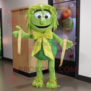 Lime Green Pesto Pasta mascot costume character dressed with a Cargo Pants and Bow ties