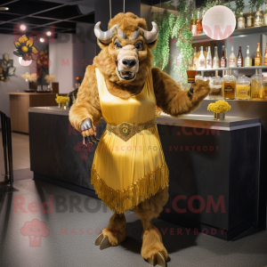 Gold Bison mascot costume character dressed with a Cocktail Dress and Anklets