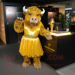 Gold Bison mascot costume character dressed with a Cocktail Dress and Anklets